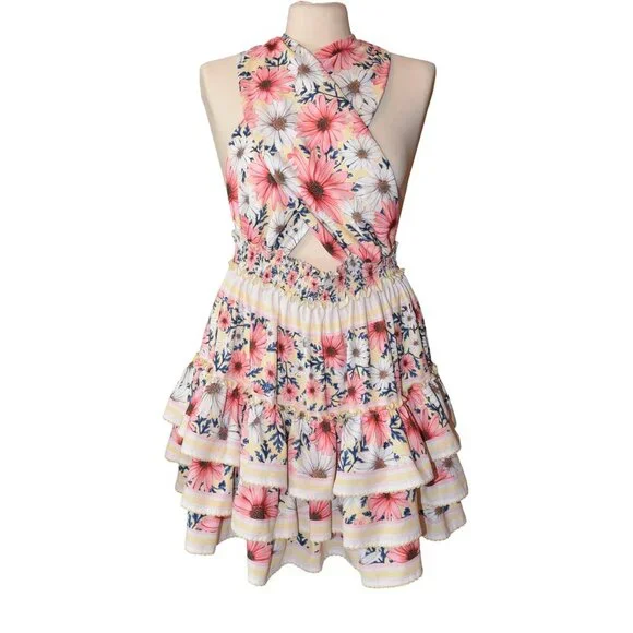 Agua Bendita Maona Ross Floral Mini Dress Size S Handmade Ruffle Cutout Tiered - Picture 3 of 7